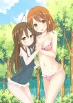  2girls brown_eyes brown_hair bunnysuit casual_one-piece_swimsuit highres karutamo long_hair multiple_girls one-piece_swimsuit original short_hair siblings sisters swimsuit 