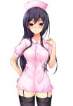  1girl black_hair garter_straps hand_on_hip hat hayakawa_akari highres long_hair looking_at_viewer mole nurse nurse_cap red_eyes smile solo standing thigh-highs uniform 