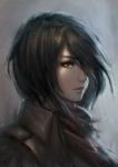  1girl black_hair brown_eyes chaosringen grey_background hair_over_one_eye jacket lips looking_at_viewer mikasa_ackerman nose parted_lips portrait realistic scarf shingeki_no_kyojin short_hair signature solo 