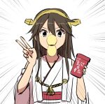  1girl duck_face food haruna_(kantai_collection) kantai_collection leon_7 mouth_hold potato_chips pringle_duck pringles solo tagme translation_request 