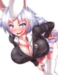  1girl alternate_costume animal_ears bent_over blazer blue_eyes blush braid breasts cleavage collarbone commentary_request crescent highres large_breasts long_hair long_sleeves open_mouth rabbit_ears reisen_udongein_inaba reisen_udongein_inaba_(cosplay) shirt shocked_eyes silver_hair skirt thigh-highs thighs touhou very_long_hair wavy_mouth white_legwear yagokoro_eirin zan_(harukahime) zettai_ryouiki 