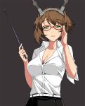  1girl adjusting_glasses bespectacled breasts brown_hair cleavage glasses green_eyes headgear kantai_collection large_breasts mutsu_(kantai_collection) red-framed_glasses shirt short_hair solo teacher zuihou_(hechen121) 