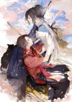  2boys black_hair cat cherry_blossoms hakama haori high_ponytail japanese_clothes kashuu_kiyomitsu katana long_hair multiple_boys nineo paws petals scarf shirasaya sitting sword tabi touken_ranbu weapon white_scarf yamato-no-kami_yasusada zouri 