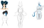  blue_blush blue_eyes blue_hair blush concept_art custom_outfit demon_girl eyebrows highres long_tongue original sketchings tendril_arm thick_eyebrows tongue white_background white_skin 
