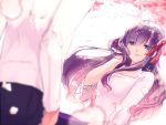  1boy 1girl cherry_blossoms dress emiya_shirou fate/stay_night fate_(series) highres long_hair matou_sakura purple_hair ribbon sketch smile tagme tree 