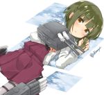  1girl b_allbrack bangs blunt_bangs bob_cut brown_eyes collared_shirt green_hair grey_legwear kantai_collection long_sleeves looking_at_viewer lying machinery on_back pantyhose parted_lips pleated_skirt purple_skirt school_uniform shirt short_hair short_hair_with_long_locks skirt solo takanami_(kantai_collection) white_shirt 