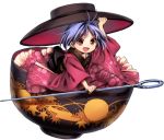  1girl :d bowl harukawa_moe hat japanese_clothes kimono minigirl needle official_art open_mouth purple_hair red_eyes smile sukuna_shinmyoumaru touhou urban_legend_in_limbo 