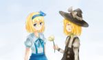  adapted_costume alice_margatroid alice_margatroid_(pc-98) artist_request blonde_hair blue_eyes closed_eyes couple fang flower hair_ribbon hat kirisame_marisa necktie open_mouth ribbon smile touhou touhou_(pc-98) witch_hat yuri 