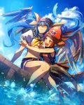  bandana bare_shoulders blue_hair clouds dizzy guilty_gear hat may_(guilty_gear) midriff partially_submerged red_eyes sky sumakaita wings 