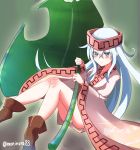  1girl alternate_costume blush boots grey_eyes headband hibiki_(kantai_collection) kantai_collection koropokkuru kororo kororo_(cosplay) leaf looking_back moninora_(moninora83) shaman_king silver_hair solo wide_sleeves 