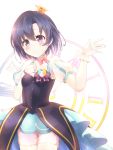  1girl black_hair blush bow character_request choker clock crown gloves heart idolmaster idolmaster_cinderella_girls mini_crown moninora_(moninora83) pink_gloves puffy_sleeves ribbon short_hair skirt smile solo violet_eyes 