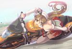  1girl absurdres armadillo-tokage bare_shoulders breasts brown_eyes brown_hair detached_sleeves garter_straps hair_ornament hat highres kantai_collection large_breasts littorio_(kantai_collection) long_hair miniskirt motor_vehicle motorcycle necktie open_mouth ponytail skirt solo thigh-highs vehicle 