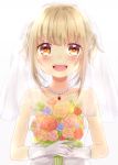  1girl :d bangs bare_shoulders blush bouquet braid brown_eyes dress flower french_braid gloves hinanosuke holding holding_flower jewelry light_brown_hair looking_at_viewer necklace open_mouth smile solo tears tokyo_7th_sisters tsunomori_rona veil wedding_dress white_background white_gloves 