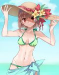  1girl arms_up azusa_(sarie303030) bikini brown_eyes brown_hair flower green_bikini halterneck hands_on_headwear hat looking_at_viewer navel side-tie_bikini small_breasts solo swimsuit 