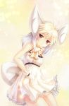  1girl animal_ears blonde_hair dress gloves highres looking_at_viewer meowstic multicolored_hair personification pink_eyes pokemon scarf solo tail two-tone_hair white_dress white_gloves white_hair yuitsuki1206 