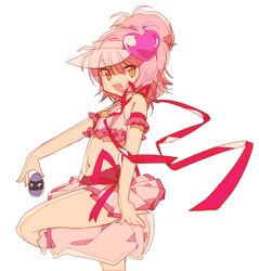  1girl :d amulet_heart anpolly hinamori_amu magical_girl midriff navel open_mouth pink_hair ribbon short_hair shugo_chara! simple_background skirt smile solo visor_cap white_background yellow_eyes 