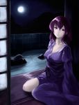  1girl bamboo_fence breasts cleavage collarbone doorway full_moon japanese_clothes kimono kz_nagomiya lavender_hair looking_at_viewer moon mountain night no_hat obi parted_lips rock_garden saigyouji_yuyuko sash sitting sliding_doors solo touhou veranda violet_eyes wariza 