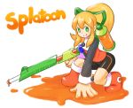  1girl android arm_support artist_request bike_shorts blonde_hair crossover green_eyes gun hair_ribbon long_sleeves looking_at_viewer paint payot ponytail ribbon rifle rockman rockman_(classic) roll sniper_rifle solo splatoon weapon 
