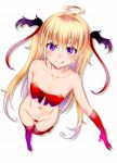  1girl blonde_hair blush breasts demon_girl gloves highres licking_lips long_hair looking_at_viewer original pointy_ears smile solo succubus thigh-highs tongue tongue_out violet_eyes 