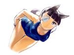  1girl animal_ears arms_behind_back bent_over black_eyes black_hair breasts cleavage dog_ears dog_tail eyepatch frown long_hair one-piece_swimsuit ponytail sakamoto_mio simple_background solo strike_witches swimsuit tail thigh_gap tks_(chikuwa) white_background 