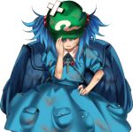 1girl backpack bag blue_hair face_down hair_bobbles hair_ornament hand_on_hip harukawa_moe hat holding holding_hat kawashiro_nitori key official_art shirt short_hair short_sleeves skirt solo torn_clothes touhou transparent_background twintails urban_legend_in_limbo 
