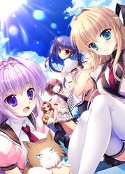  5girls :d adjusting_hair blonde_hair blue_eyes blue_sky breasts brown_hair cat character_request glasses hair_intakes highres hoshioki_marika hoshioki_nadeshiko hoshioki_rira hyakugojuunenme_no_mahoutsukai mikeou multiple_girls open_mouth purple_hair red_eyes school_uniform skirt sky smile tagme thigh-highs twintails violet_eyes white_legwear 