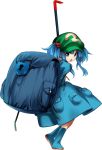  1girl backpack bag blue_dress blue_eyes blue_hair boots crowbar dress frown hair_bobbles hair_ornament harukawa_moe hat kawashiro_nitori official_art open_mouth simple_background touhou twintails urban_legend_in_limbo 