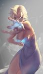  1girl blonde_hair blue_dress blue_eyes braid capelet dress elsa_(frozen) frozen_(disney) glowing glowing_eyes grey_background long_hair looking_at_viewer off_shoulder outstretched_arm reaching_out serious simple_background single_braid sketch sky_of_morika solo 