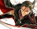 1boy armor arslan_senki black_hair cape daryoon kirakira_ga_suki long_hair solo sword weapon 