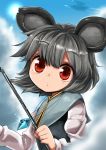  1girl animal_ears blush capelet dowsing_rod grey_hair harusame_(unmei_no_ikasumi) jewelry mouse_ears nazrin pendant red_eyes short_hair solo touhou 