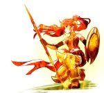  1girl armlet bare_shoulders belt black_gloves boots breastplate elbow_gloves forehead_protector gloves gorget greaves green_eyes helpyourselfish high_heel_boots high_heels long_hair midriff one_knee polearm ponytail pyrrha_nikos redhead rwby sarong shield skirt solo spear vambraces weapon wind 