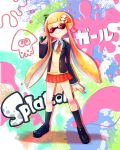  1girl gun hair_ornament hairclip inkling jacket loafers mizoreame necktie nintendo orange_hair paint_splatter red_eyes school_uniform shoes skirt smile socks splatoon tentacle_hair tentacles weapon 