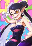 +_+ 1girl bare_shoulders black_hair breasts callie_(splatoon) cleavage covered_navel detached_collar directional_arrow earrings fangs gloves jewelry large_breasts mole mole_under_eye nintendo onio open_mouth pointy_ears splatoon symbol-shaped_pupils tentacle_hair tentacles v yellow_eyes