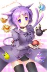  :d ahoge animal_ears artist_name black_legwear chibi eevee espeon facial_mark flareon forehead_mark highres holding holding_poke_ball jolteon open_mouth personification poke_ball pokemon purple_clothes purple_hair smile sylveon tail thigh-highs umbreon vaporeon violet_eyes yuitsuki1206 