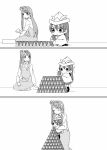  2girls 3koma ^_^ closed_eyes comic concentrating holding house_of_cards lifting_person long_hair love_live!_school_idol_project minami_kotori monochrome multiple_girls murata_(igaratara) one_side_up overall_skirt paper_hat paper_kabuto seiza silent_comic sitting sonoda_umi tiptoes trembling younger 