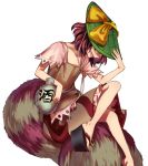  1girl animal_ears brown_hair futatsuiwa_mamizou glasses harukawa_moe hat holding holding_hat leaf leaf_on_head official_art open_mouth platform_footwear raccoon_tail sandals shirt short_hair simple_background skirt smirk solo tail touhou transparent_background urban_legend_in_limbo 