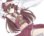  1girl armpits ascot bow breasts brown_hair detached_sleeves frown hair_bow hair_tubes hakurei_reimu hand_on_own_head huuyu_1z long_hair looking_at_viewer lying midriff navel on_back one_eye_closed red_eyes ribbon-trimmed_sleeves ribbon_trim sideboob skirt skirt_set solo touhou 