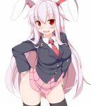  1girl animal_ears black_legwear blazer blush breasts bunny_tail large_breasts long_hair looking_at_viewer necktie nikku_(ra) open_mouth rabbit_ears red_eyes reisen_udongein_inaba silver_hair simple_background skirt skirt_lift smile solo tail thigh-highs touhou white_background 
