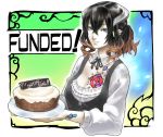  1girl artist_request bangs black_hair bloodstained:_ritual_of_the_night breasts brown_hair cake cleavage detached_collar food gradient_hair horn_ornament horns miriam_(bloodstained) multicolored_hair official_art pale_skin petals short_hair smile solo tattoo 