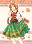  1girl :d blush braid brown_hair floral_print flower hair_flower hair_ornament hairband heart highres keiko. long_hair open_mouth original puffy_sleeves ribbon skirt skirt_hold smile solo twin_braids twintails vest yellow_eyes 
