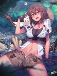  1girl breasts brown_gloves brown_hair cleavage fingerless_gloves gloves grey_eyes highres jjune large_breasts midriff open_clothes open_fly open_shirt original shirt shorts solo sports_bra squiggle unzipped water wet 