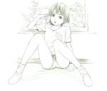  1girl cellphone monochrome original phone short_hair sketch smartphone socks solo traditional_media yoshitomi_akihito 