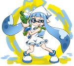  1girl blue_eyes blue_hair cosplay dress gacchahero hat ikamusume ikamusume_(cosplay) inkling long_hair shinryaku!_ikamusume solo splatoon twintails water_gun white_dress 