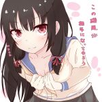 1girl :3 absurdres artist_request black_hair breasts cleavage gloves highres isokaze_(kantai_collection) kantai_collection long_hair red_eyes school_uniform serafuku skirt solo translation_request 