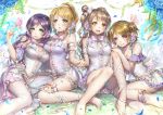  4girls :&gt; alternate_hairstyle arm_garter ayase_eli barefoot blonde_hair blue_eyes blush bow breasts brown_eyes brown_hair butterfly butterfly_on_hand collarbone detached_sleeves dress flower frills green_eyes hair_flower hair_ornament hairclip hand_on_another&#039;s_knee hands_together hoshizora_rin leg_garter leg_ribbon lma long_hair love_live!_school_idol_project minami_kotori multiple_girls pantyhose parted_lips petals ponytail purple_hair side_ponytail sitting smile toujou_nozomi two_side_up violet_eyes white_legwear 