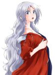  1girl alternate_hairstyle blue_eyes long_hair no_hat open_mouth silver_hair simple_background solo touhou undressing unya very_long_hair white_background yagokoro_eirin 
