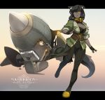  1girl aircraft animal_ears black_gloves black_hair bodysuit breasts cleavage cleavage_cutout dark_skin fingerless_gloves gloves large_breasts long_hair looking_at_viewer open_mouth original pixiv_fantasia pixiv_fantasia_t solo tail tsukinami_kousuke wolf_ears wolf_tail yellow_eyes 
