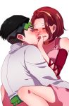  arm_warmers black_hair blocking blocking_kiss blush brown_hair choker closed_eyes dress earrings green_eyes hand_kiss headband jewelry jojo_no_kimyou_na_bouken kishibe_rohan kiss pink_dress rin2010 sugimoto_reimi sweat 