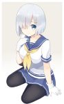  1girl black_legwear blue_eyes breasts full_body gloves gradient gradient_background grey_background hair_ornament hair_over_one_eye hairclip hamakaze_(kantai_collection) hand_on_own_chest kantai_collection large_breasts looking_at_viewer neckerchief pantyhose pleated_skirt school_uniform serafuku short_hair silver_hair sitting skirt smile solo sui_(tsuruhibiki) white_gloves yokozuwari 