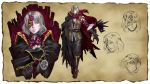  1boy bloodstained:_ritual_of_the_night boots cape concept_art gebel_(bloodstained) highres mask official_art red_eyes short_hair silver_hair solo stained_glass 